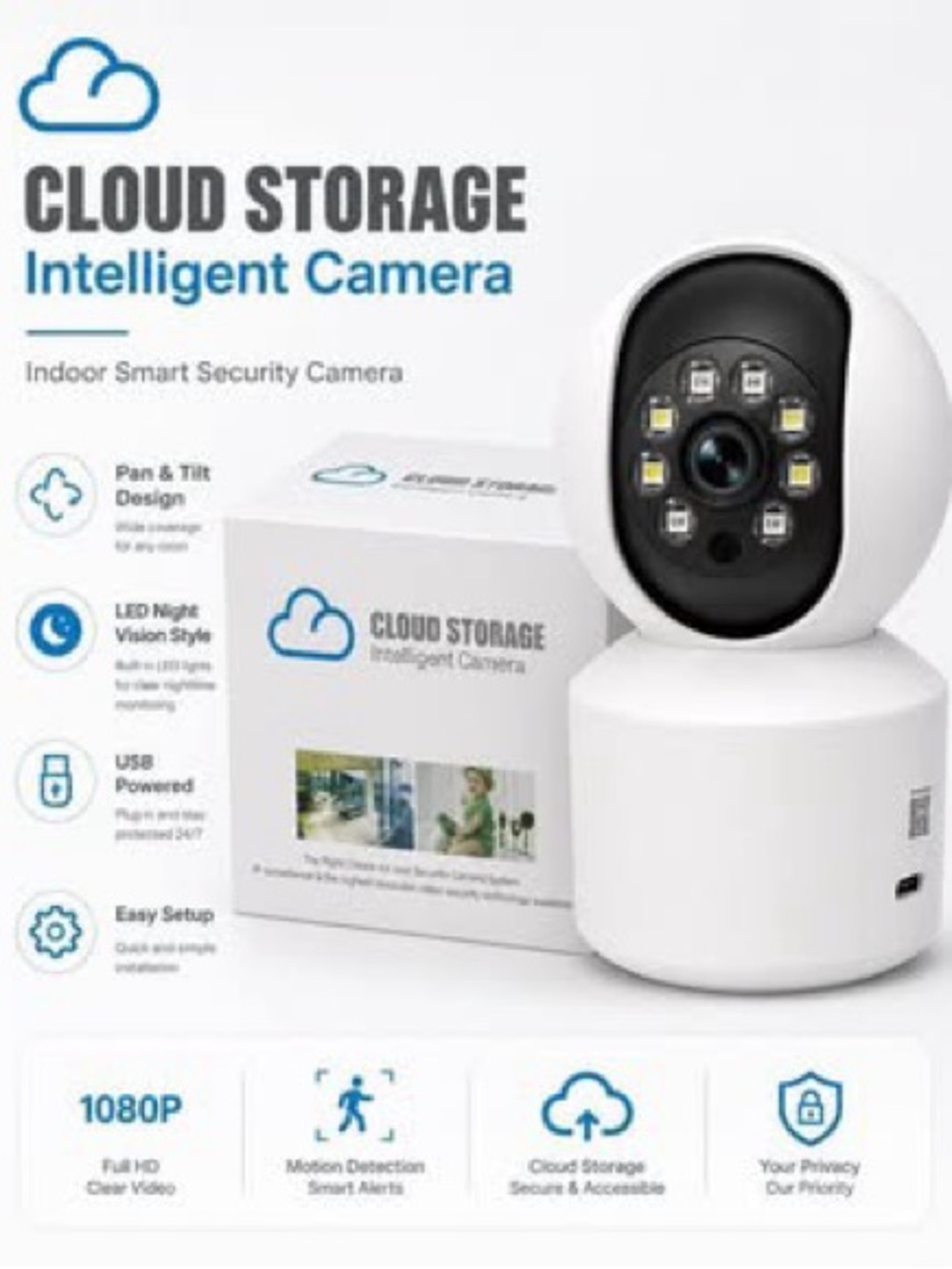 Cloud Storage Intelligent Camera 1080P Indoor Security Camera w/Motion Detection